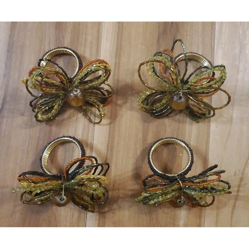 Pier One Beaded Napkin Rings Floral‎ Gold Rust Green Yellow Set Of 4